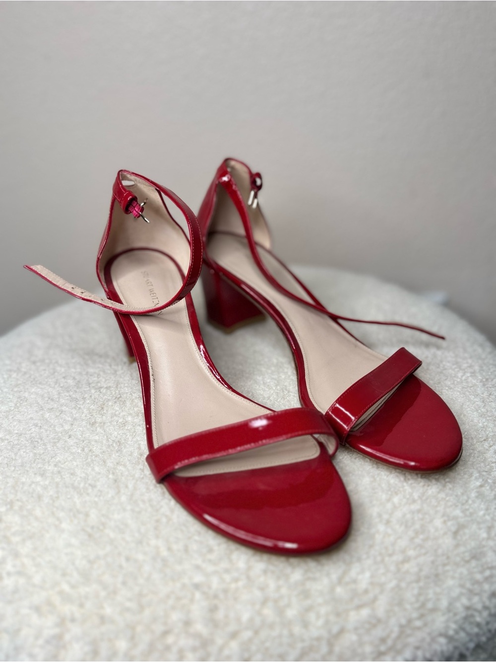 Stuart Weitzman NEARLYNUDE BLOCK-HEEL SANDAL red patent later size 10
